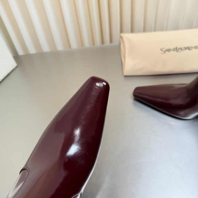 YSL 26S TALL POINTED-TOE HEELED BOOTS 80 MM IN DARK RED SHINY LAMBSKIN