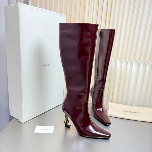 YSL 26S TALL POINTED-TOE HEELED BOOTS 80 MM IN DARK RED SHINY LAMBSKIN