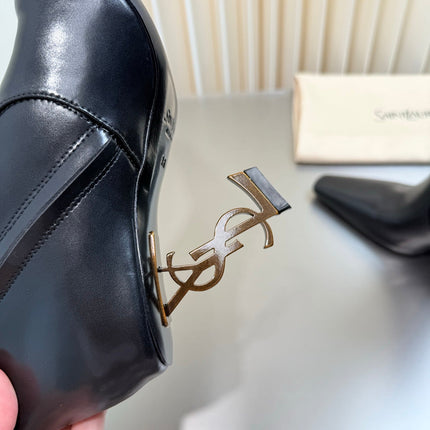 YSL 26S TALL POINTED-TOE HEELED BOOTS 80 MM IN BLACK SHINY LAMBSKIN