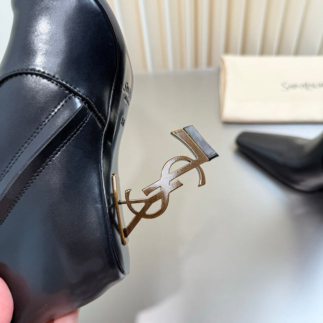 YSL 26S TALL POINTED-TOE HEELED BOOTS 80 MM IN BLACK SHINY LAMBSKIN