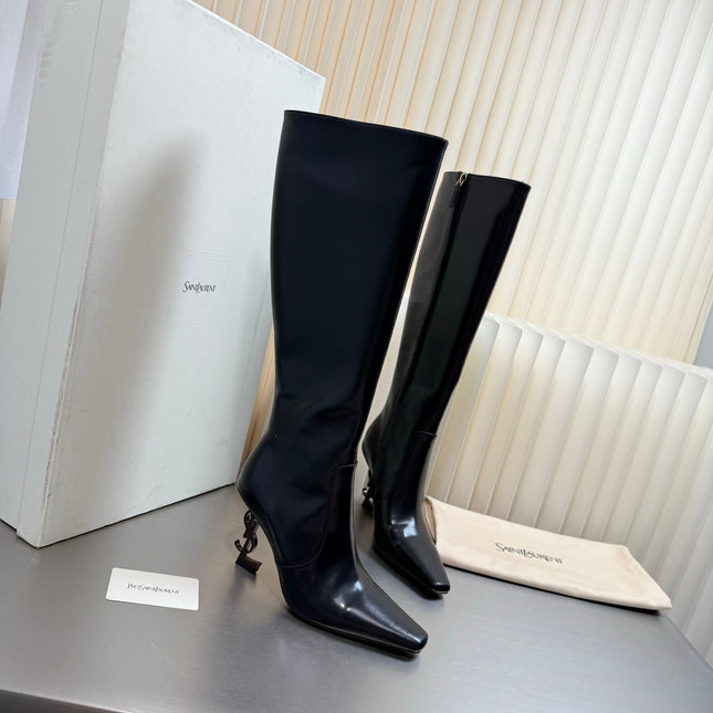 YSL 26S TALL POINTED-TOE HEELED BOOTS 80 MM IN BLACK SHINY LAMBSKIN