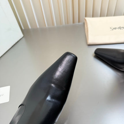 YSL 26S TALL POINTED-TOE HEELED BOOTS 80 MM IN BLACK SHINY LAMBSKIN