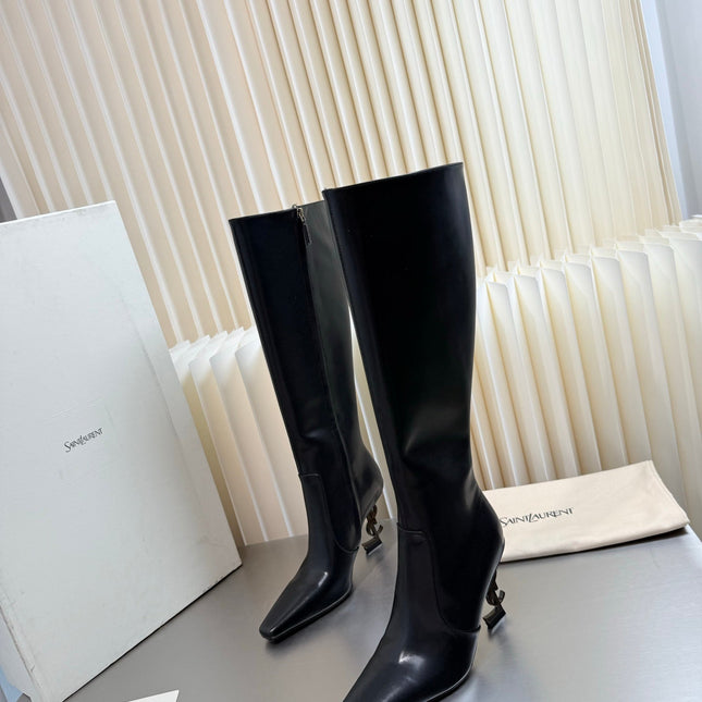YSL 26S TALL POINTED-TOE HEELED BOOTS 80 MM IN BLACK SHINY LAMBSKIN
