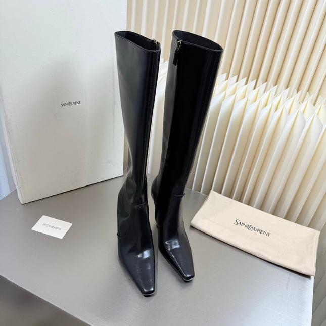 YSL 26S TALL POINTED-TOE HEELED BOOTS 80 MM IN BLACK SHINY LAMBSKIN