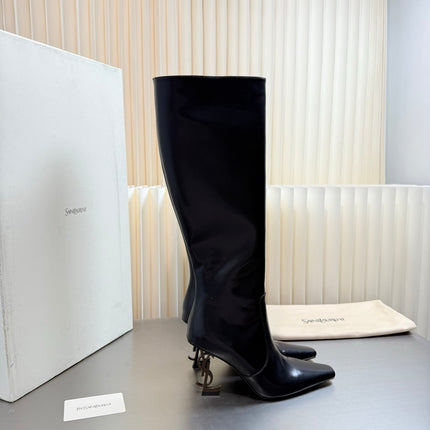 YSL 26S TALL POINTED-TOE HEELED BOOTS 80 MM IN BLACK SHINY LAMBSKIN