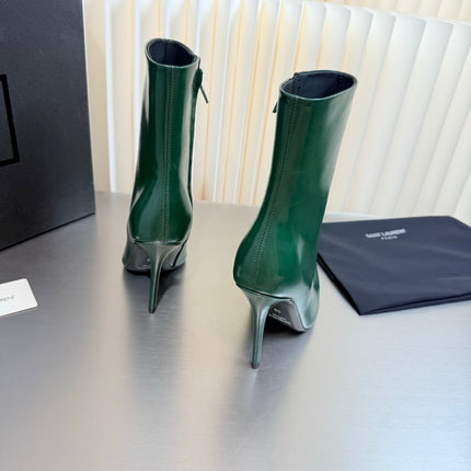 YSL 26S POINTED-TOE HEELED BOOTS 105 MM IN DARK GREEN SHINY CALFSKIN