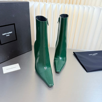 YSL 26S POINTED-TOE HEELED BOOTS 105 MM IN DARK GREEN SHINY CALFSKIN