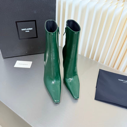 YSL 26S POINTED-TOE HEELED BOOTS 105 MM IN DARK GREEN SHINY CALFSKIN