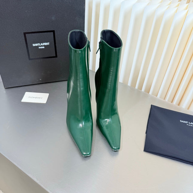 YSL 26S POINTED-TOE HEELED BOOTS 105 MM IN DARK GREEN SHINY CALFSKIN