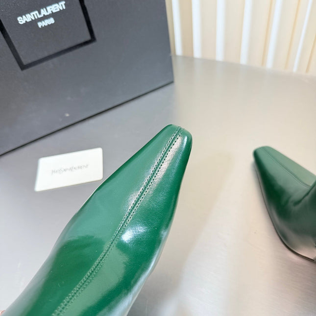YSL 26S POINTED-TOE HEELED BOOTS 105 MM IN DARK GREEN SHINY CALFSKIN