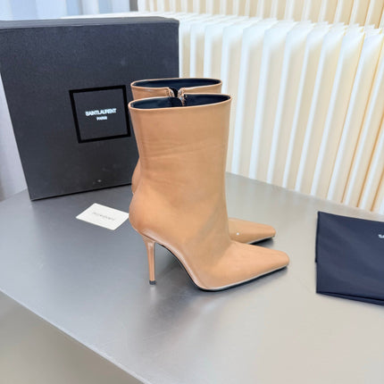 YSL 26S POINTED-TOE HEELED BOOTS 105 MM IN BEIGE SHINY CALFSKIN