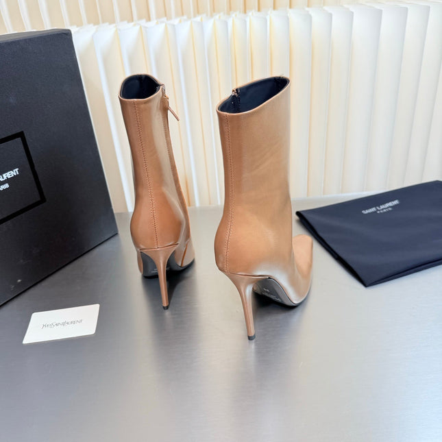 YSL 26S POINTED-TOE HEELED BOOTS 105 MM IN BEIGE SHINY CALFSKIN