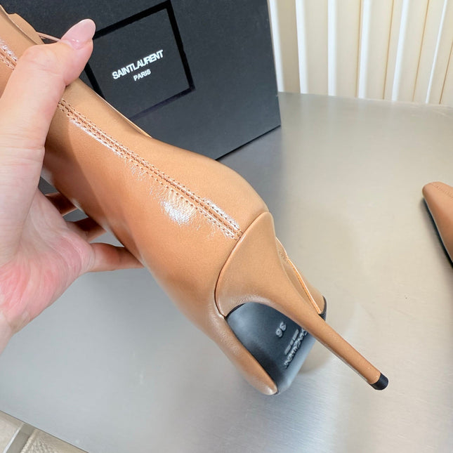YSL 26S POINTED-TOE HEELED BOOTS 105 MM IN BEIGE SHINY CALFSKIN