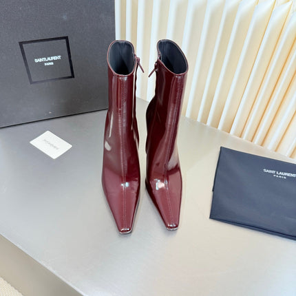 YSL 26S POINTED-TOE HEELED BOOTS 105 MM IN DARK RED SHINY CALFSKIN