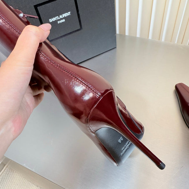 YSL 26S POINTED-TOE HEELED BOOTS 105 MM IN DARK RED SHINY CALFSKIN