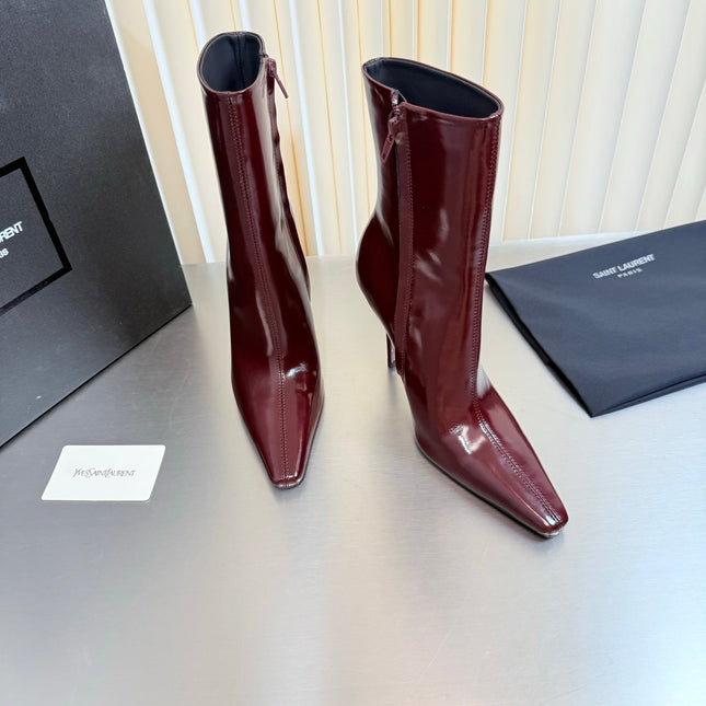 YSL 26S POINTED-TOE HEELED BOOTS 105 MM IN DARK RED SHINY CALFSKIN