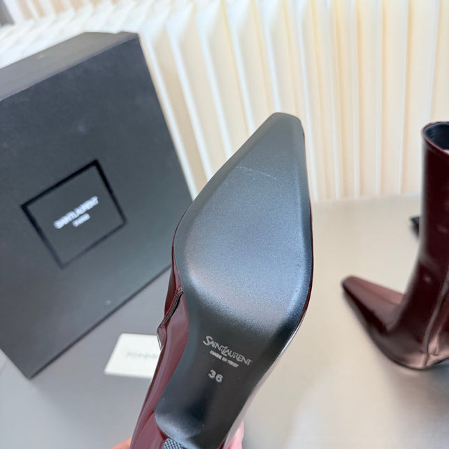 YSL 26S POINTED-TOE HEELED BOOTS 105 MM IN DARK RED SHINY CALFSKIN