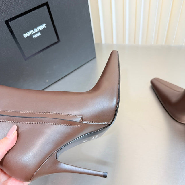 YSL 26S POINTED-TOE HEELED BOOTS 105 MM IN BROWN CALFSKIN