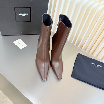YSL 26S POINTED-TOE HEELED BOOTS 105 MM IN BROWN CALFSKIN