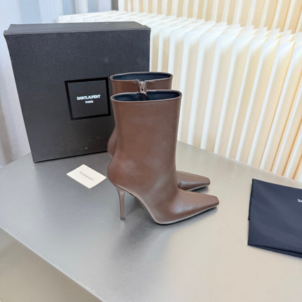 YSL 26S POINTED-TOE HEELED BOOTS 105 MM IN BROWN CALFSKIN