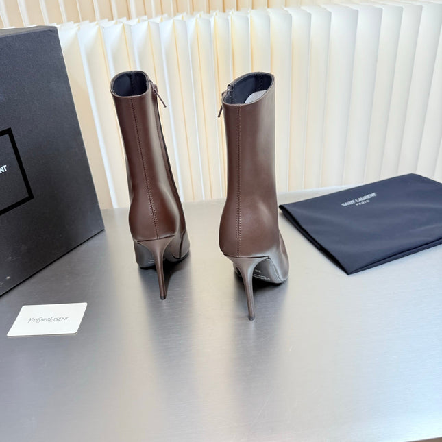 YSL 26S POINTED-TOE HEELED BOOTS 105 MM IN BROWN CALFSKIN