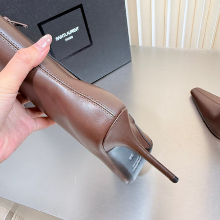 YSL 26S POINTED-TOE HEELED BOOTS 105 MM IN BROWN CALFSKIN