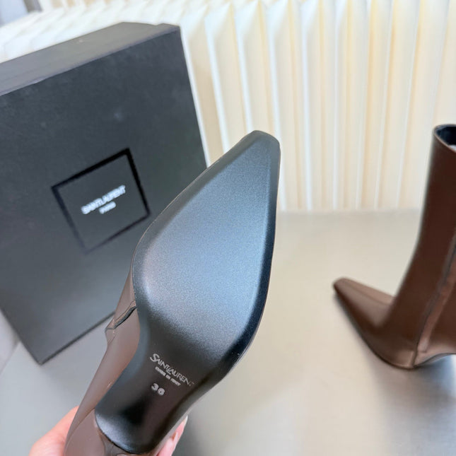 YSL 26S POINTED-TOE HEELED BOOTS 105 MM IN BROWN CALFSKIN