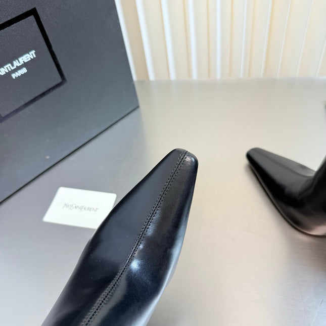 YSL 26S POINTED-TOE HEELED BOOTS 105 MM IN BLACK SHINY CALFSKIN