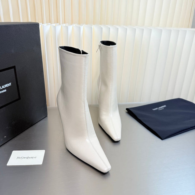 YSL 26S POINTED-TOE HEELED BOOTS 105 MM IN WHITE CALFSKIN