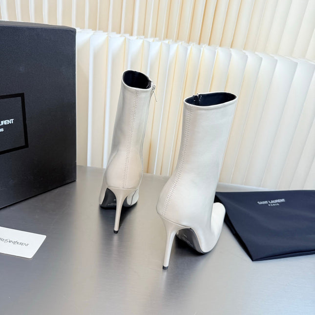 YSL 26S POINTED-TOE HEELED BOOTS 105 MM IN WHITE CALFSKIN