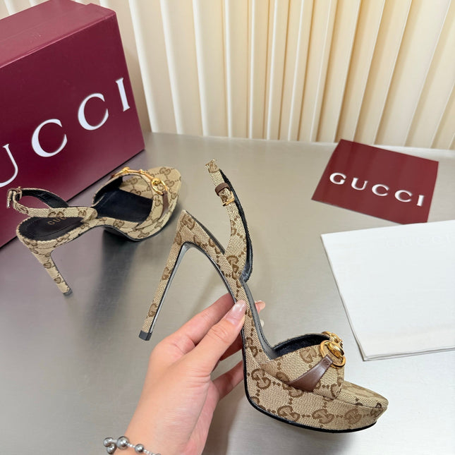GUCCI 26S SLINGBACK PUMP 105 MM IN BEIGE GG CANVAS