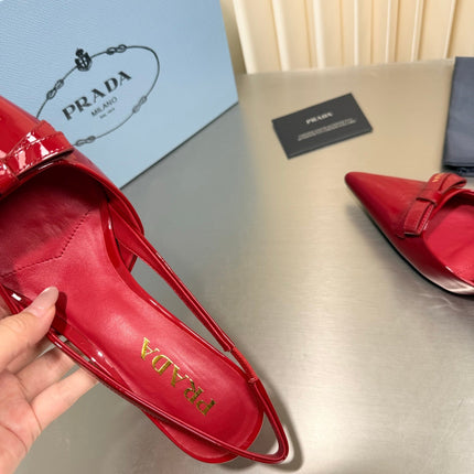 PRADA 26S POINTED-TOE SLINGBACK PUMPS IN RED PATENT CALFSKIN WITH BOW