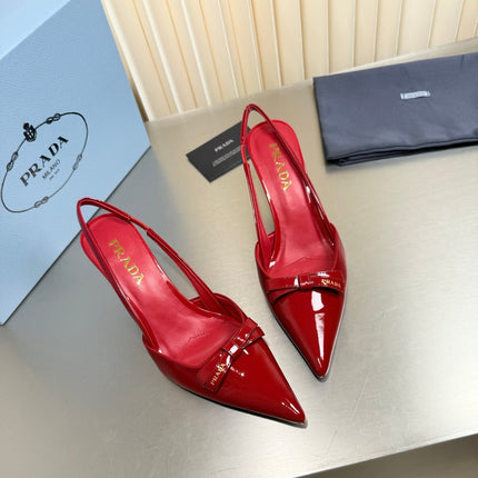 PRADA 26S POINTED-TOE SLINGBACK PUMPS IN RED PATENT CALFSKIN WITH BOW