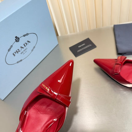 PRADA 26S POINTED-TOE SLINGBACK PUMPS IN RED PATENT CALFSKIN WITH BOW