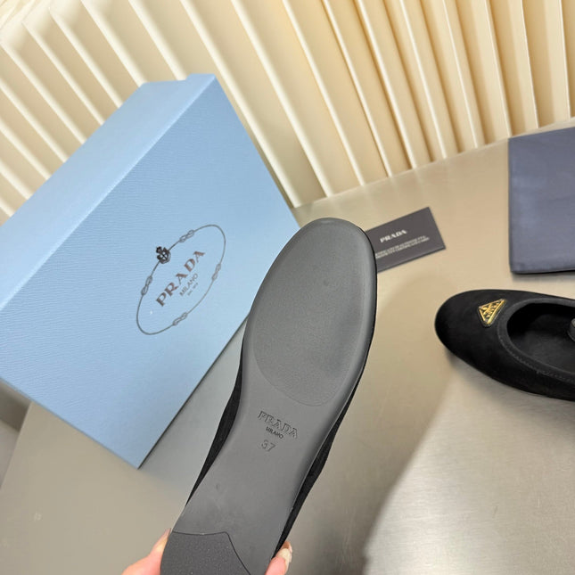 PRADA 26S MARY JANE FLATS IN BLACK SUEDE