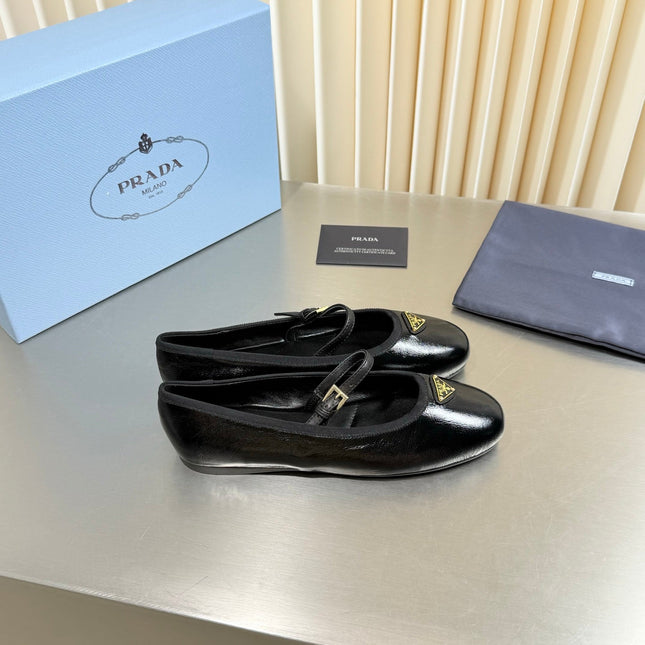 PRADA 26S MARY JANE FLATS IN BLACK SHINY CALFSKIN