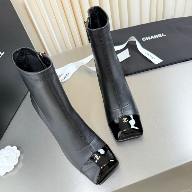 CHANEL 26S ZIPPER BOOTS 75 MM IN BLACK CALFSKIN AND PATENT LEATHER SQUARE TOE HIGH