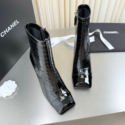 CHANEL 26S ZIPPER BOOTS 75 MM IN BLACK PATENT LEATHER CROCODILE EMBOSSED AND CALFSKIN