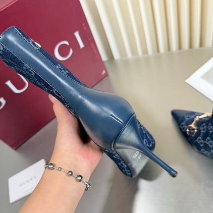 GUCCI 26S HORSEBIT BOOTS 105 MM IN NAVY BLUE DENIM AND LEATHER