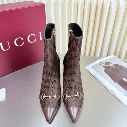 GUCCI 26S HORSEBIT BOOTS 105 MM IN DARK BROWN LEATHER AND CANVAS