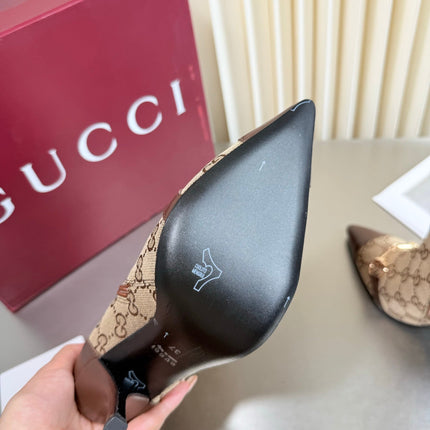 GUCCI 26S HORSEBIT BOOTS 105 MM IN BROWN LEATHER AND BEIGE CANVAS