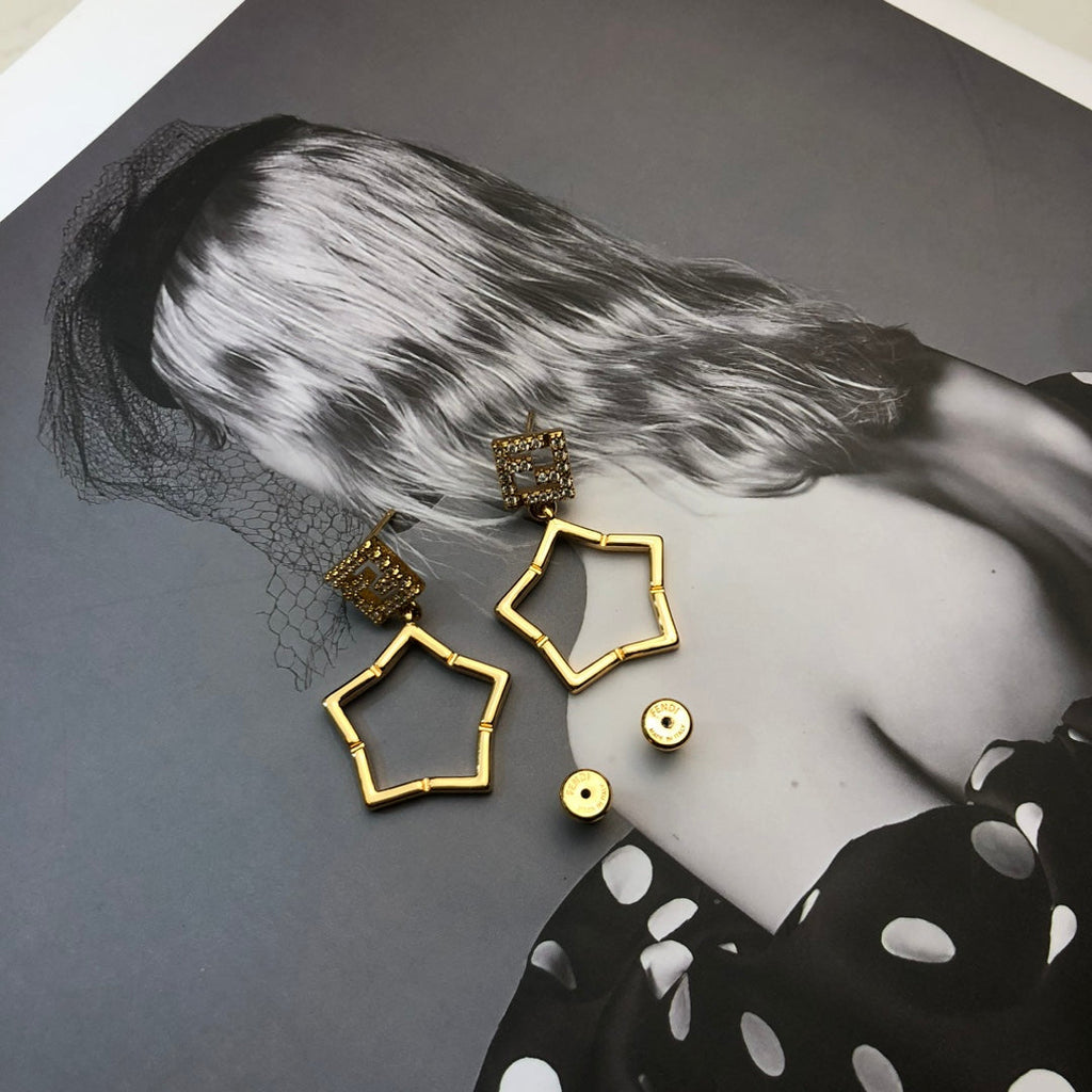 FENDI 26S FF CRYSTAL STAR DROP EARRINGS IN GOLD TONE METAL 622647