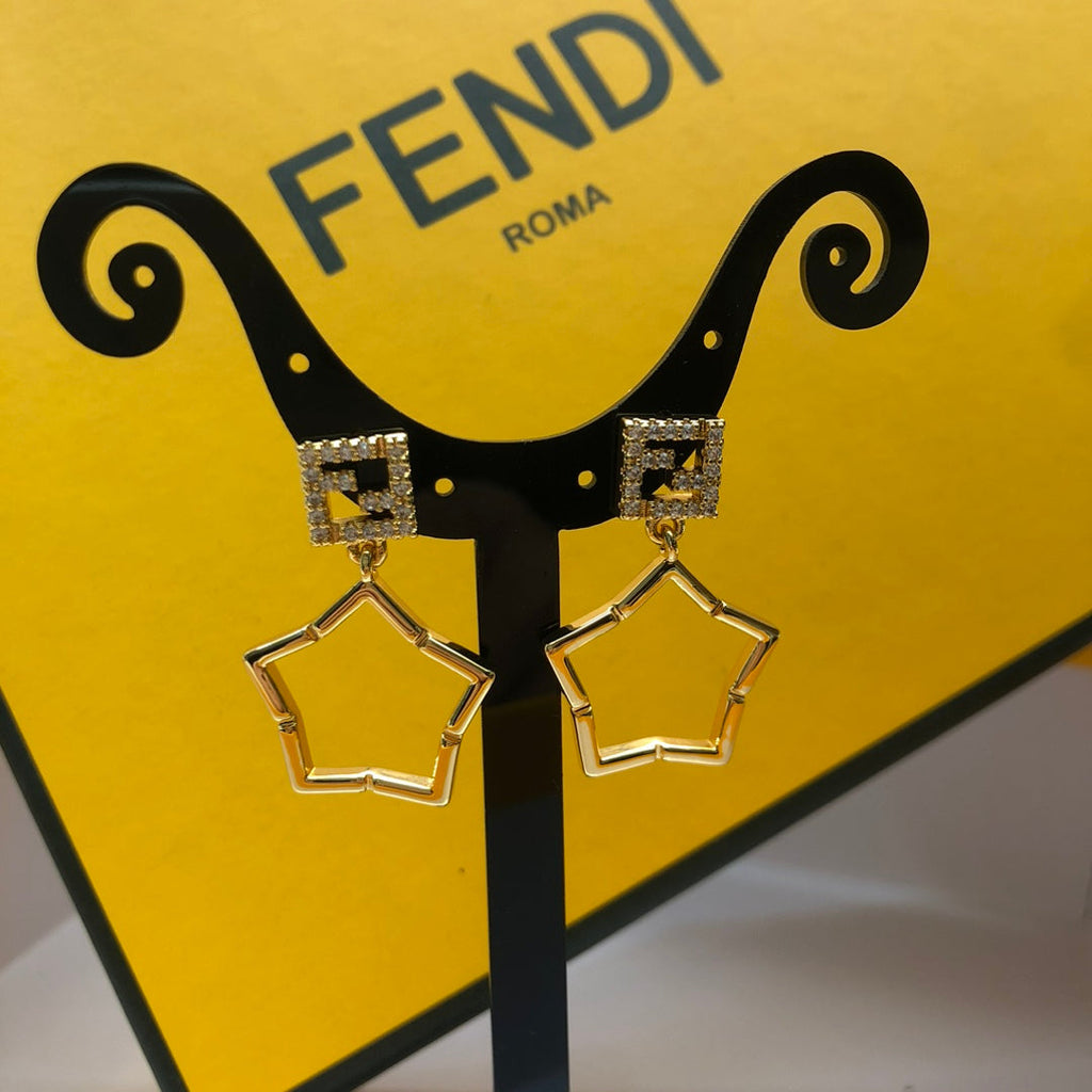 FENDI 26S FF CRYSTAL STAR DROP EARRINGS IN GOLD TONE METAL 622647