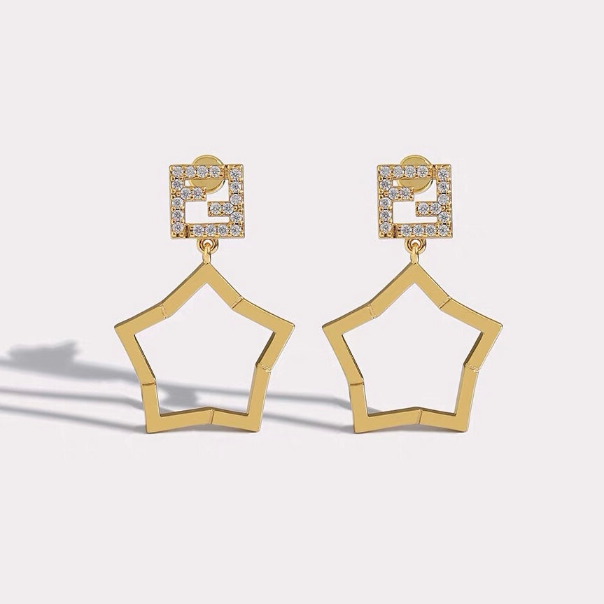 FENDI 26S FF CRYSTAL STAR DROP EARRINGS IN GOLD TONE METAL 622647