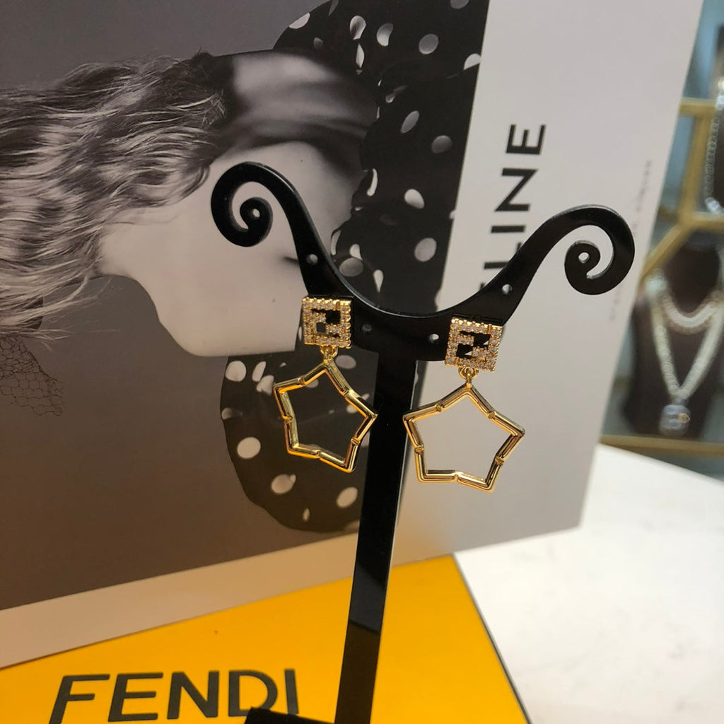 FENDI 26S FF CRYSTAL STAR DROP EARRINGS IN GOLD TONE METAL 622647