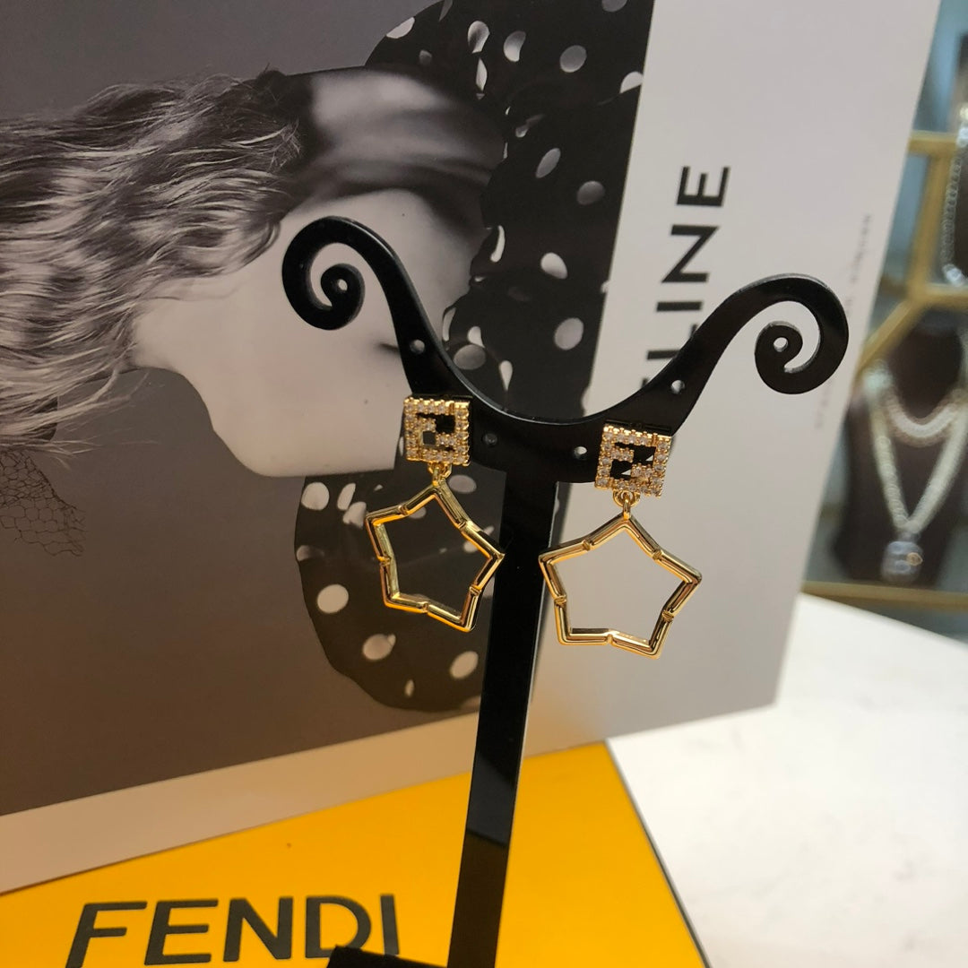 FENDI 26S FF CRYSTAL STAR DROP EARRINGS IN GOLD TONE METAL 622647