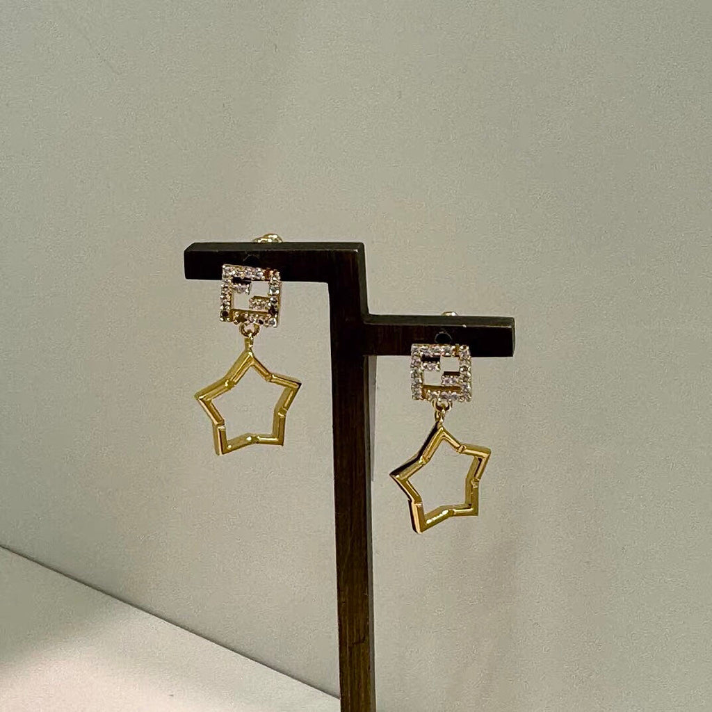 FENDI 26S FF CRYSTAL STAR DROP EARRINGS IN GOLD TONE METAL 622647