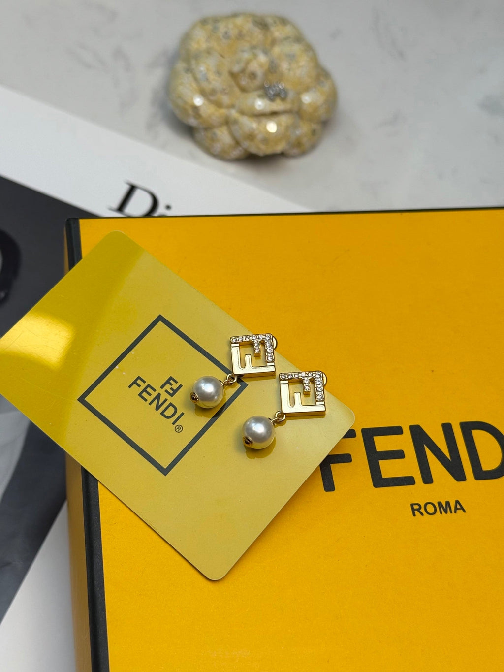 FENDI 26S FF CRYSTAL PEARL DROP EARRINGS IN GOLD TONE METAL 622862