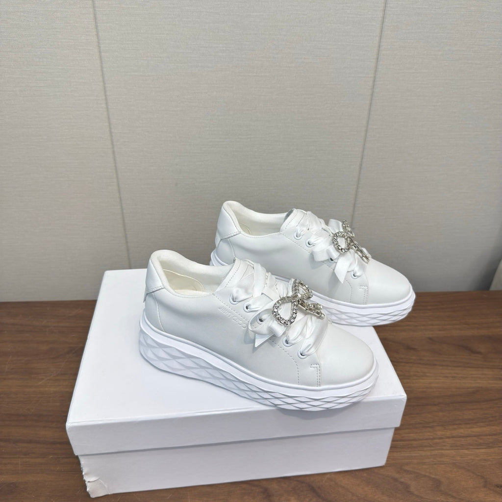 JIMMY CHOO 26S SNEAKERS 55 MM IN WHITE CALFSKIN WITH CRYSTAL BOW