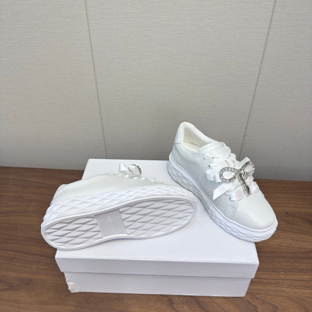 JIMMY CHOO 26S SNEAKERS 55 MM IN WHITE CALFSKIN WITH CRYSTAL BOW